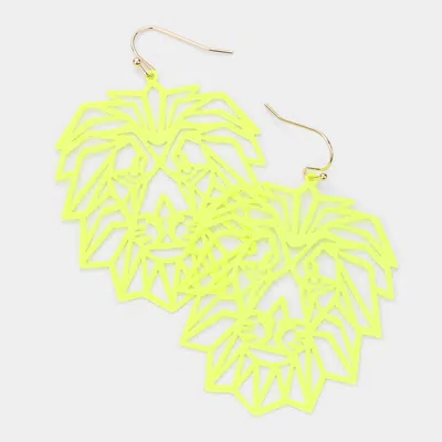 Fashnzfab Brass Metal Cutout Lion Dangle Earrings - Neon, Yellow In Green