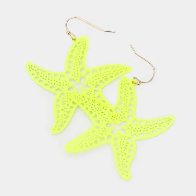 Fashnzfab Brass Metal Cutout Starfish Dangle Earrings - Neon, Yellow In Green