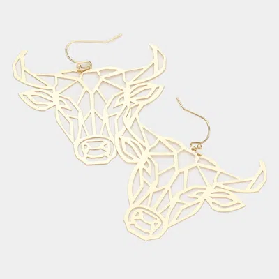 Fashnzfab Brass Metal Cutout Steer Head Dangle Earrings - Gold