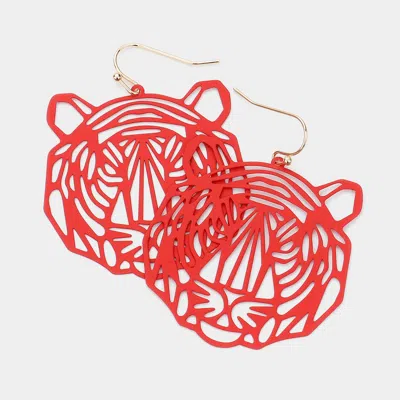 Fashnzfab Brass Metal Cutout Tiger Dangle Earrings - Red