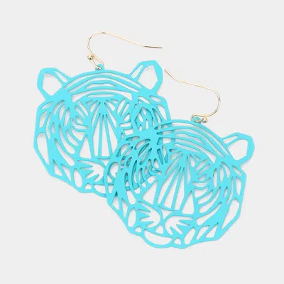 Fashnzfab Brass Metal Cutout Tiger Dangle Earrings - Turquoise In Blue