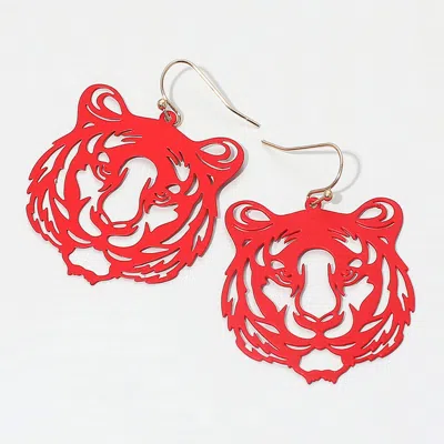 Fashnzfab Brass Metal Cutout Tiger Dangle Earrings In Red