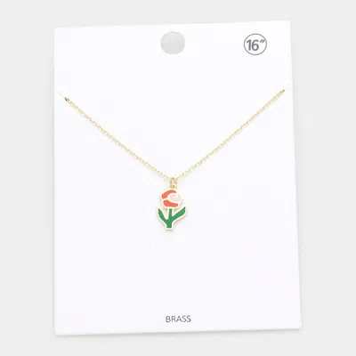 Fashnzfab Brass Metal Enamel Rose Flower Pendant Necklace In Gold