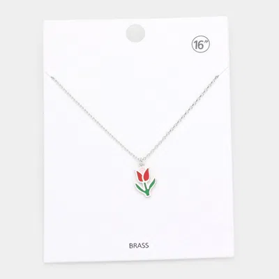 Fashnzfab Brass Metal Enamel Tulip Flower Pendant Necklace In Metallic