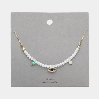 Fashnzfab Brass Metal Evil Eye Accented Faceted Beaded Necklace In White