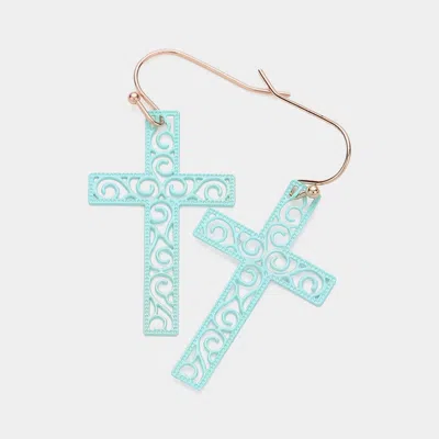 Fashnzfab Brass Metal Filigree Cross Dangle Earrings - Mint In Blue