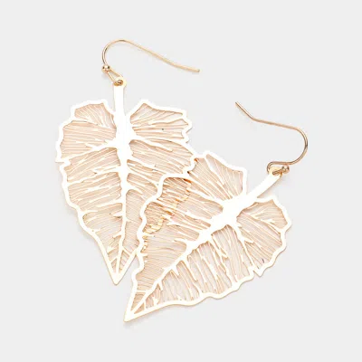 Fashnzfab Brass Metal Filigree Leaf Dangle Earrings - Gold