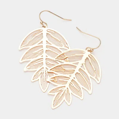 Fashnzfab Brass Metal Filigree Leaf Dangle Earrings - Gold