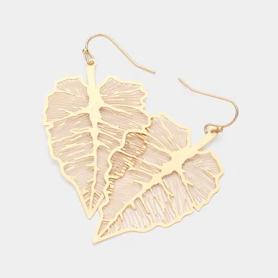 FASHNZFAB BRASS METAL FILIGREE LEAF DANGLE EARRINGS - MATTE GOLD