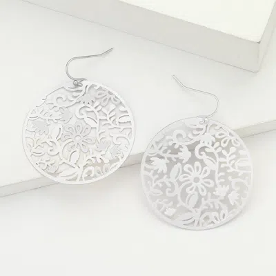 Fashnzfab Brass Metal Filigree Round Dangle Earrings - Matte Silver In Metallic