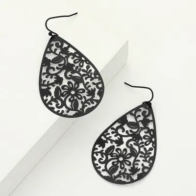 Fashnzfab Brass Metal Filigree Teardrop Dangle Earrings 1.3" X 2.25" In Black
