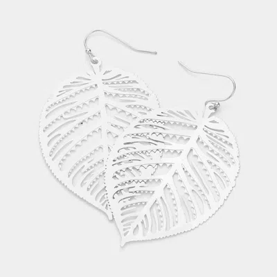 Fashnzfab Brass Metal Filigree Tropical Leaf Dangle Earrings - Rhodium In Silver