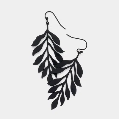 Fashnzfab Brass Metal Leaf Dangle Earrings - Black