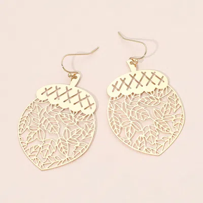 Fashnzfab Brass Metal Leafy Acorn Cutout Dangle Earrings In Gold