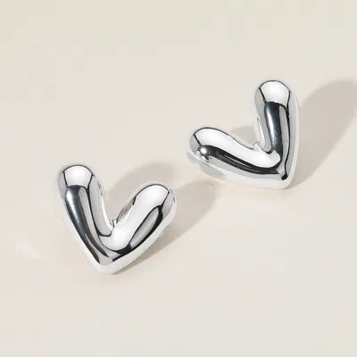 Fashnzfab Brass Metal Puffy Heart Earrings In White