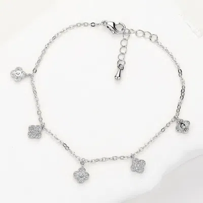 Fashnzfab Brass Metal Quatrefoil Charm Station Bracelet Clear, Silver In Metallic