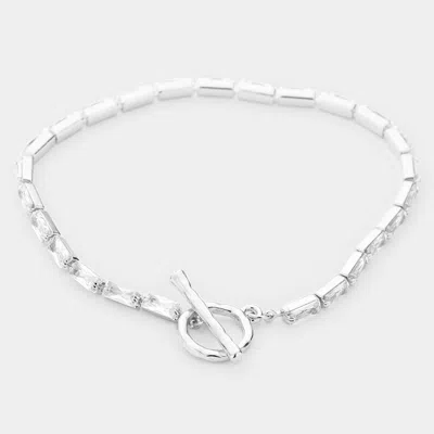 Fashnzfab Brass Metal Rectangle Stone Toggle Bracelet Rhodium In Multi