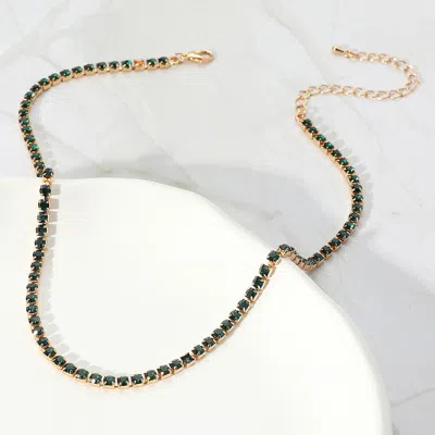Fashnzfab Brass Metal Rhinestone Necklace 16" + 3" L In Green