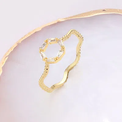 Fashnzfab Brass Metal Stone Embellished Open Circle Wavy Ring In Gold