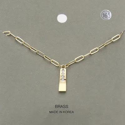 Fashnzfab Brass Metal Stone Paved Bar Pendant Necklace In Gold