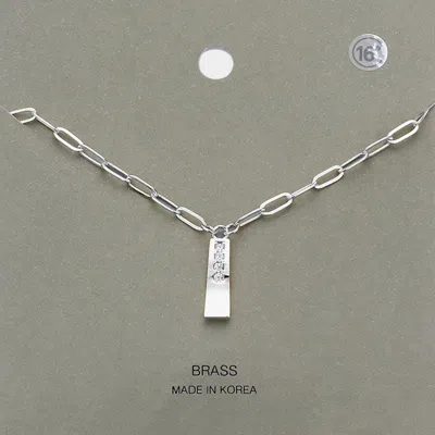 Fashnzfab Brass Metal Stone Paved Bar Pendant Necklace In Silver