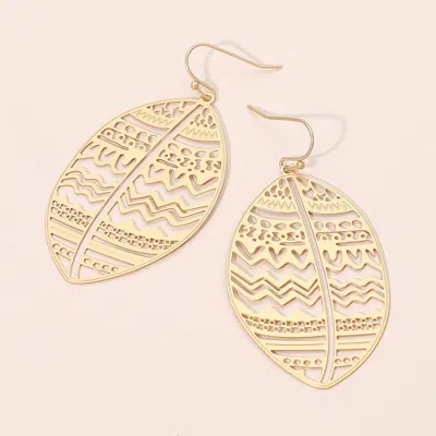 Fashnzfab Brass Metal Tribal Pattern Cutout Leaf Dangle Earrings In Gold