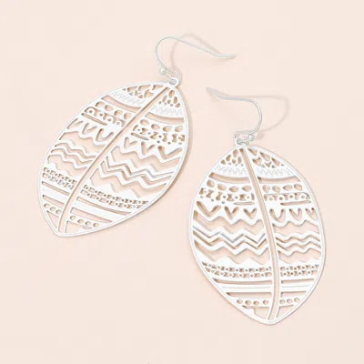Fashnzfab Brass Metal Tribal Pattern Cutout Leaf Dangle Earrings In Silver