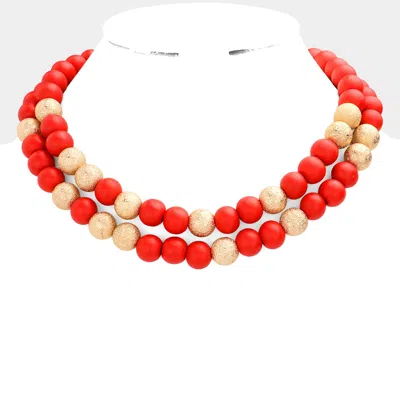 Fashnzfab Brass Metal Wood Ball Double Layered Necklace In Red