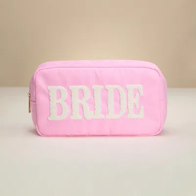 Fashnzfab Bride Message Patch Embroidered Pouch Bag / Organizer In Pink