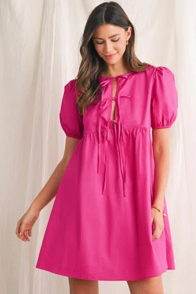 Fashnzfab Bright Pink Tie Front Puff Sleeve Mini Dress