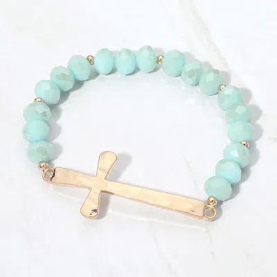Fashnzfab Brushed Hammered Metal Cross Accent Faceted Beaded Stretch Bracelet In Blue