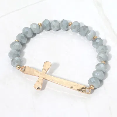 Fashnzfab Brushed Hammered Metal Cross Accent Faceted Beaded Stretch Bracelet In Gray