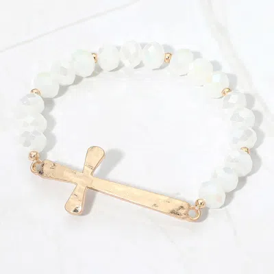 Fashnzfab Brushed Hammered Metal Cross Accent Faceted Beaded Stretch Bracelet In Metallic