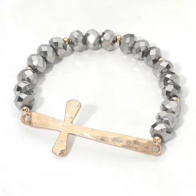 Fashnzfab Brushed Hammered Metal Cross Accent Faceted Beaded Stretch Bracelet In Metallic