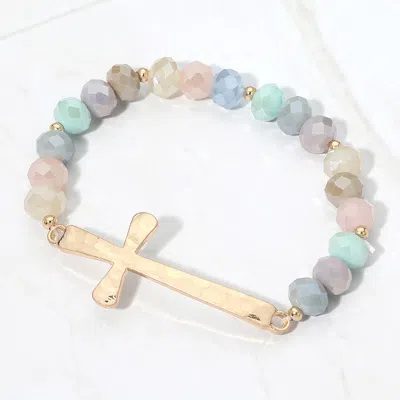 Fashnzfab Brushed Hammered Metal Cross Accent Faceted Beaded Stretch Bracelet In Gold