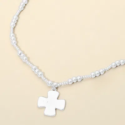 Fashnzfab Brushed Hammered Metal Cross Pendant Beaded Chain Necklace In Metallic