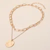 Fashnzfab Brushed Hammered Metal Round Pendant Paperclip Chain Layered Necklace In Multi
