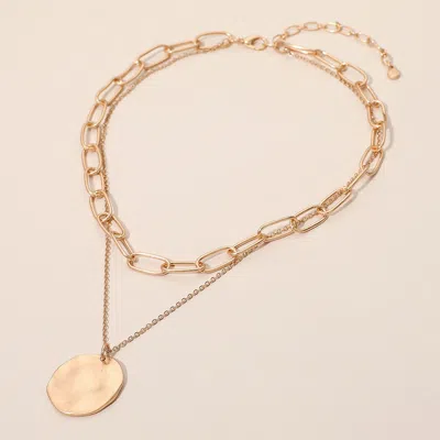 Fashnzfab Brushed Hammered Metal Round Pendant Paperclip Chain Layered Necklace In Multi
