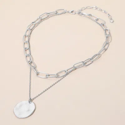 Fashnzfab Brushed Hammered Metal Round Pendant Paperclip Chain Layered Necklace In Silver