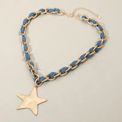 Fashnzfab Brushed Hammered Metal Star Pendant Denim Fabric Woven Chain Statement Necklace - Blue, Worn Gold In Multi