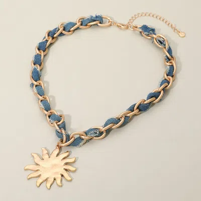 Fashnzfab Brushed Hammered Metal Sun Pendant Denim Fabric Woven Chain Statement Necklace - Blue, Worn Gold In Multi