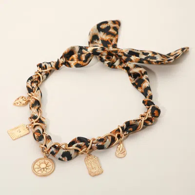 Fashnzfab Brushed Metal Charm Station Leopard Print Fabric Scarf Adjustable Necklace In Multi