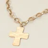 Fashnzfab Brushed Metal Cross Pendant Chunky Chain Necklace - Worn Gold In Multi