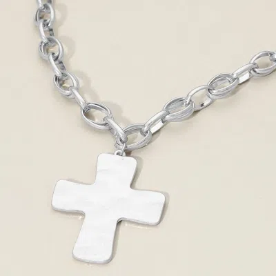 Fashnzfab Brushed Metal Cross Pendant Chunky Chain Necklace - Worn Silver In Multi