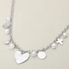 Fashnzfab Brushed Metal Heart Cross Pearl Charm Station Chunky Necklace - Cream, Worn Silver In Multi