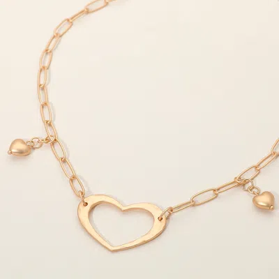 Fashnzfab Brushed Metal Open Heart Pendant Bead Charm Paperclip Chain Necklace In Gold