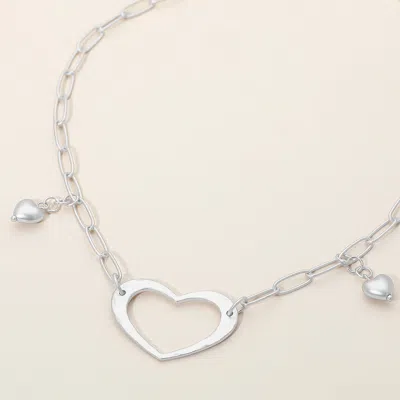 Fashnzfab Brushed Metal Open Heart Pendant Bead Charm Paperclip Chain Necklace In Metallic
