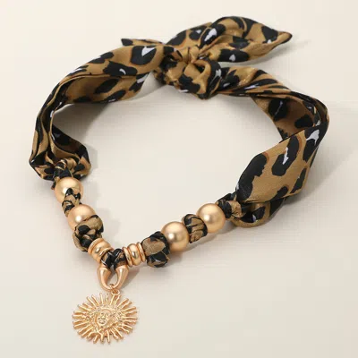 Fashnzfab Brushed Metal Sunburst Pendant Charm Leopard Print Fabric Scarf Adjustable Necklace In Multi