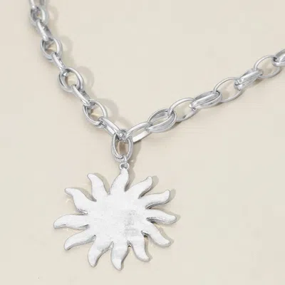 Fashnzfab Brushed Metal Sunburst Pendant Chunky Chain Necklace - Worn Silver In Multi