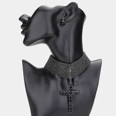 Fashnzfab Bubble Stone Cross Pendant Evening Choker Necklace In Black